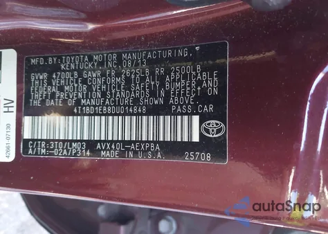 2013 Toyota Avalon Hybrid Limited z USA, uszkodzony, nr VIN 4T1BD1EB8DU014848